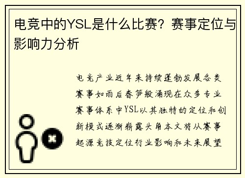电竞中的YSL是什么比赛？赛事定位与影响力分析